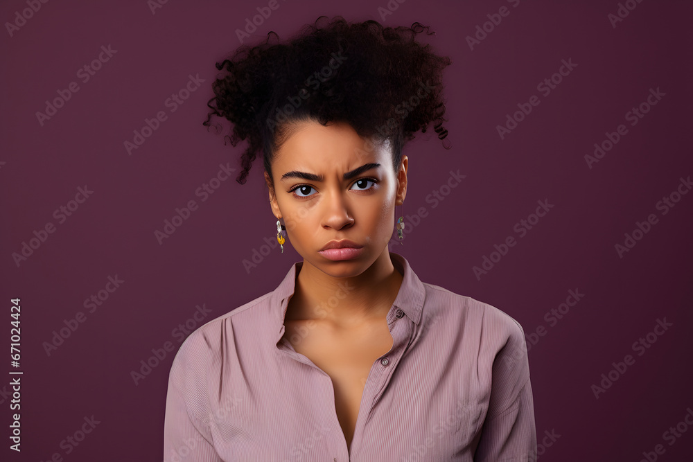 Young adult African American woman, head and shoulders portrait on magenta background. Neural network generated photorealistic image. Not based on any actual person or scene. Young adult African American woman, head and shoulders portrait on magenta background. Neural network generated photorealistic image. Not based on any actual person or scene.