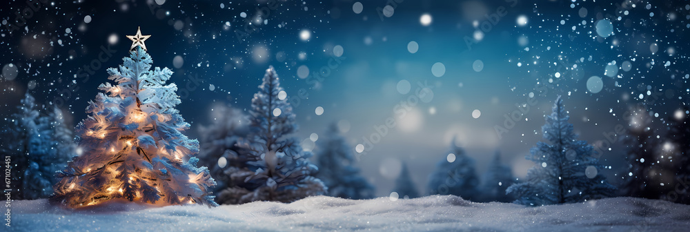 Winter landscape with snowy fir trees and falling snow. Christmas background wallpaper Banner