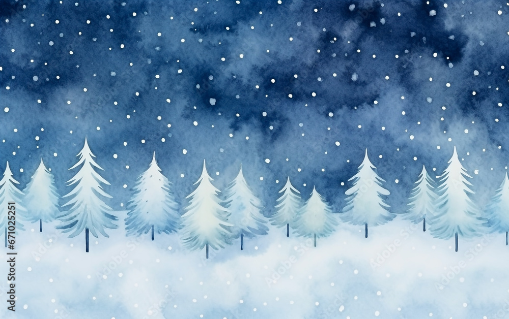 Watercolor illustration with Christmas trees in snow