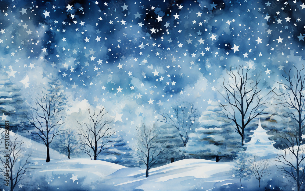 Watercolor winter illustration with forest in snow
