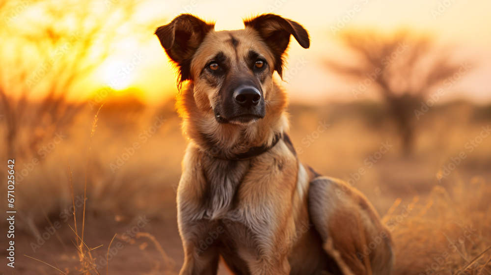 Wild Dog at Beautiful Orange Sunset, Reflecting the Wild Nature of the Jungle, Ideal for Nature-themed Designs and Artistic Displays Wild Dog at Beautiful Orange Sunset, Reflecting the Wild Nature of the Jungle, Ideal for Nature-themed Designs and Artistic Displays