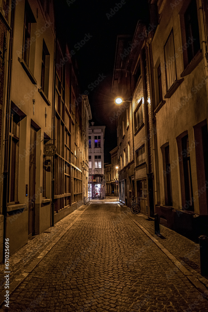 views of streets and buildings of antwerp at the night