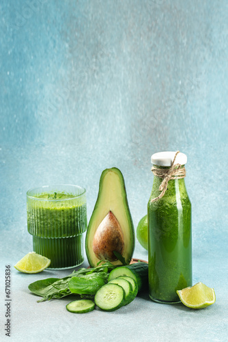 Raw vegan healthy green fresh smoothie. vertical image. top view. place for text