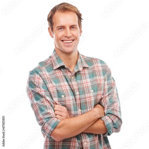 Man, happy in portrait and arms crossed, confident with casual fashion and happy on transparent png background. Male model, happiness and positivity, empowerment and trendy clothes with style