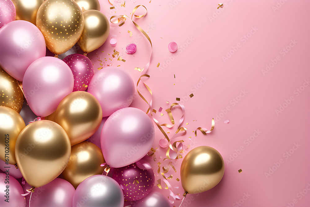 Celebration, festival background with helium balloons, gifts and confetti. holiday party invite.Greeting banner or poster with gold and pink realistic 3d flying balloons. Happy anniversary card Celebration, festival background with helium balloons, gifts and confetti. holiday party invite.Greeting banner or poster with gold and pink realistic 3d flying balloons. Happy anniversary card