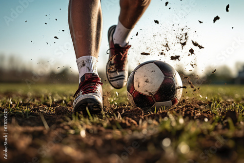 Picture of a sporty running man in soccer cleats sneakers on a muddy green field generative AI concept photo