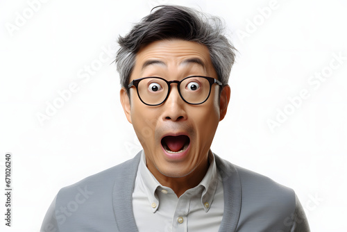 Surprised Asian man with glasses on white background. Neural network generated image. Not based on any actual person or scene. © lucky pics