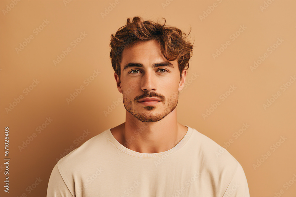 Generative AI portrait of a very handsome brown hair man isolated on beige background Generative AI portrait of a very handsome brown hair man isolated on beige background
