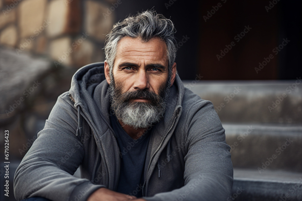 Portrait made with generative AI technology of a handsome confident man sitting on the street