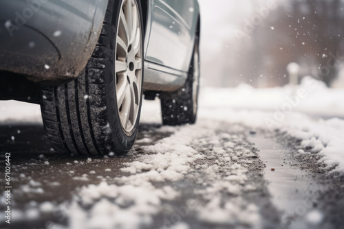 Wallpaper Mural Low angle view of a car tire on a winter road covered in ice and snow. Winter travel background Torontodigital.ca