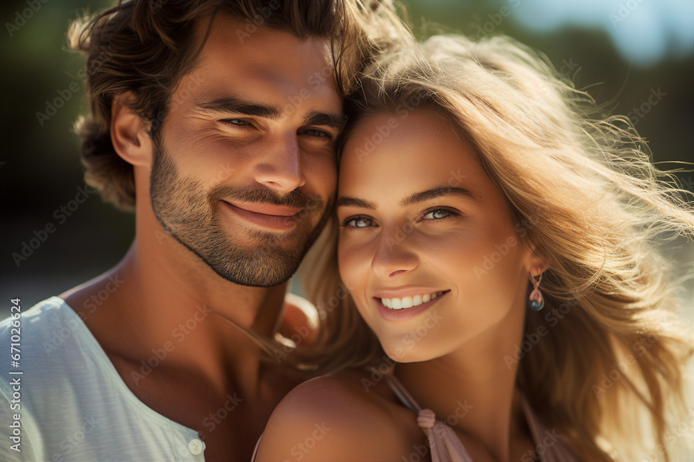 Young couple portrait two lovers spending time sunny country travelers Generative AI Young couple portrait two lovers spending time sunny country travelers Generative AI
