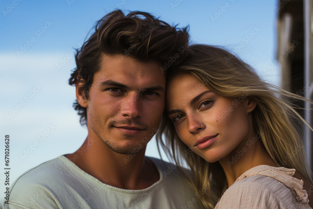 Young couple portrait two lovers spending time sunny country travelers Generative AI Young couple portrait two lovers spending time sunny country travelers Generative AI