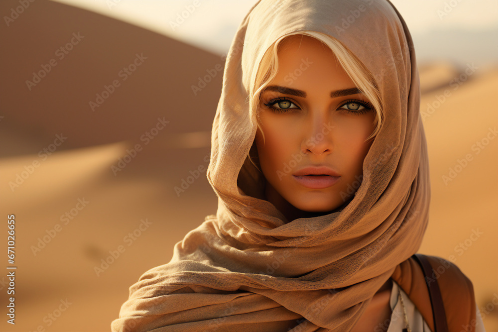 Beautiful arabic woman wearing veil in sandy desert Generative Ai illustration Beautiful arabic woman wearing veil in sandy desert Generative Ai illustration