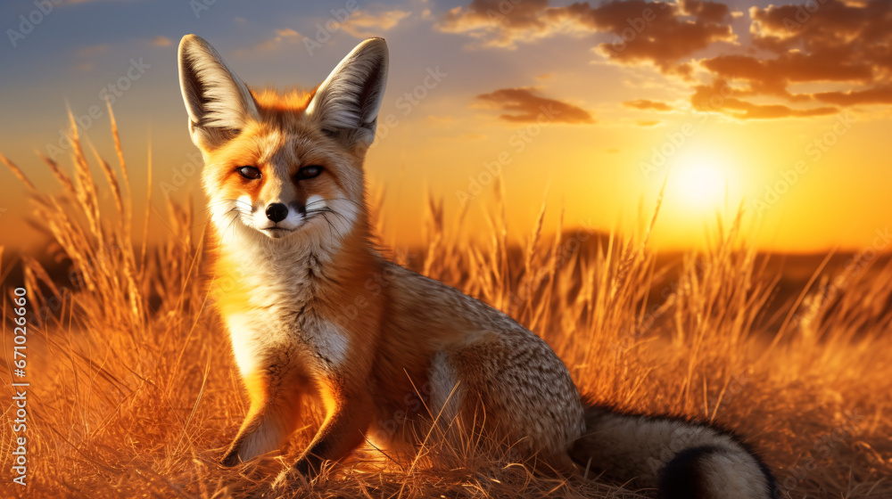 Fox at Beautiful Orange Sunset, Reflecting the Wild Nature of the Jungle, Ideal for Nature-themed Designs and Artistic Displays Fox at Beautiful Orange Sunset, Reflecting the Wild Nature of the Jungle, Ideal for Nature-themed Designs and Artistic Displays