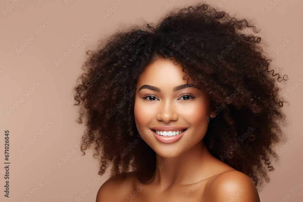 Generative AI picture of Young beautiful girl model demonstrating perfect styling curly hair Generative AI picture of Young beautiful girl model demonstrating perfect styling curly hair