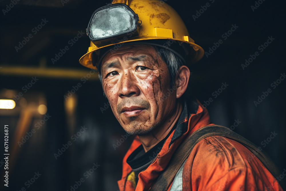 Fototapeta premium Generative ai technology portrait of mine worker wearing helmet extracting coal resources dirty face