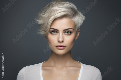 Generative AI picture of beautiful blonde woman fashion model after salon hairdresser procedure © Tetiana
