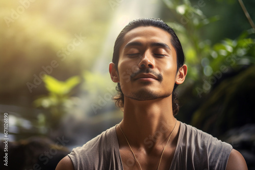 Mindfulness concept young asian man practicing meditation close with nature indian forest Generative AI