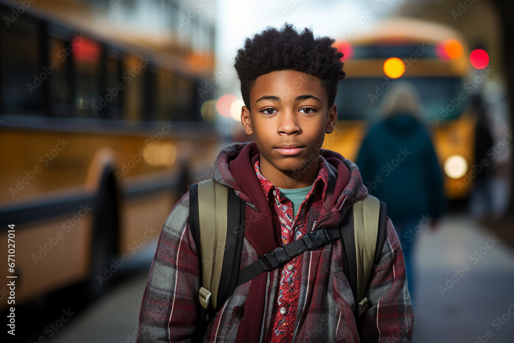 Portrait generative AI of african american teenage boy student after getting off of bus Portrait generative AI of african american teenage boy student after getting off of bus