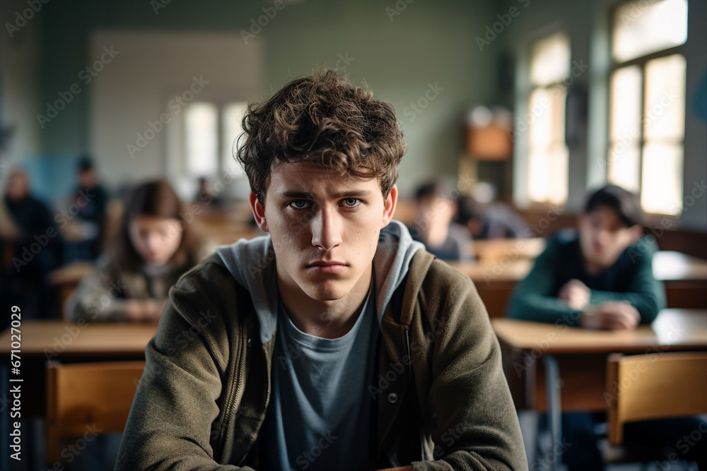 Generated by AI photography of a depressed school boy sitting alone at the desk listening to lessons suffering from discrimination in college