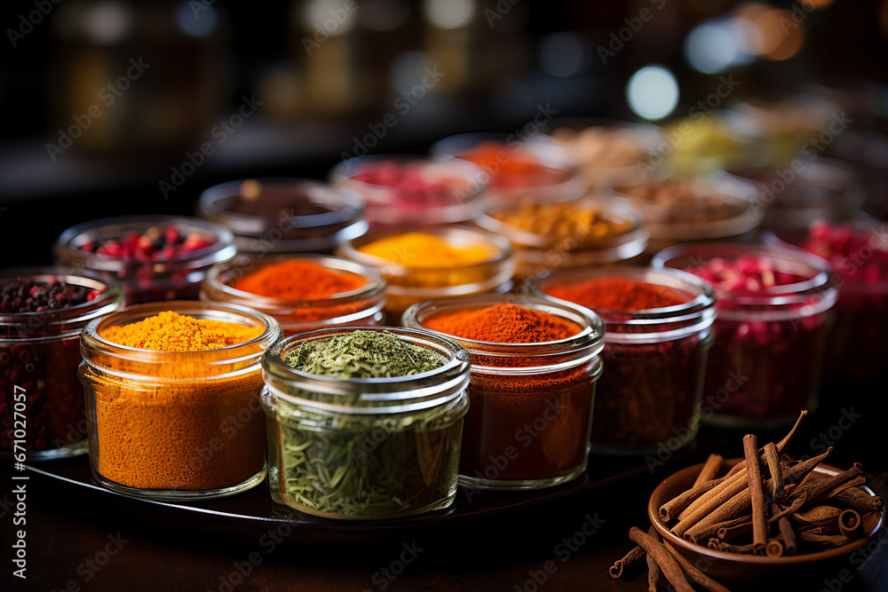Generative AI image of many little jars of assorted aromatic spices and seasonings Generative AI image of many little jars of assorted aromatic spices and seasonings