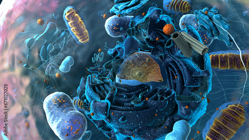 Subunits inside eukaryotic cell, nucleus and organelles and plasma membrane - 3d illustration photo