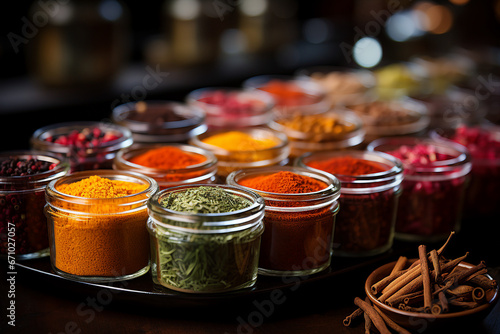 Generative AI image of many little jars of assorted aromatic spices and seasonings