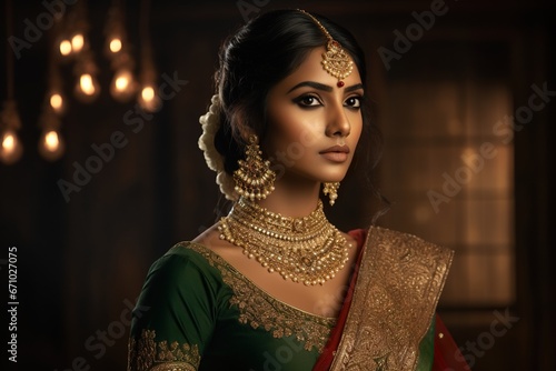 Portrait of a beautiful female of Indian ethnicity wearing traditional bridal costumes and jewellery