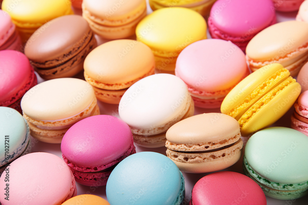 Close up generative AI image of french pasta cookies in different bright colors Close up generative AI image of french pasta cookies in different bright colors