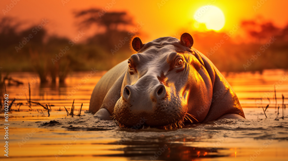 Hippo at Beautiful Orange Sunset, Reflecting the Wild Nature of the Jungle, Ideal for Nature-themed Designs and Artistic Displays Hippo at Beautiful Orange Sunset, Reflecting the Wild Nature of the Jungle, Ideal for Nature-themed Designs and Artistic Displays