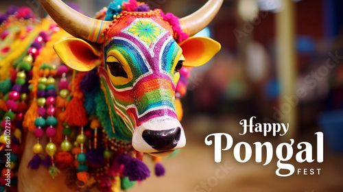 Tamil Nadu festival Happy Pongal with Pongal props, holiday Background, Indian Harvest Holiday photo