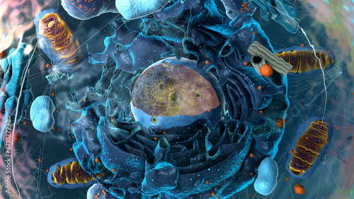 Subunits inside eukaryotic cell, nucleus and organelles and plasma membrane - 3d illustration photo