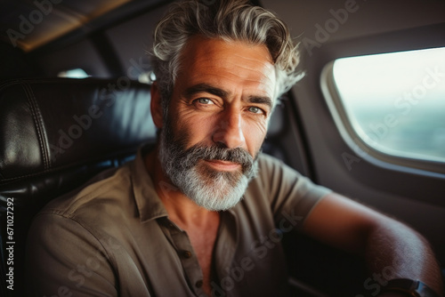 Generative AI picture portrait of aged woman man traveler person inside modern jet plane © Tetiana