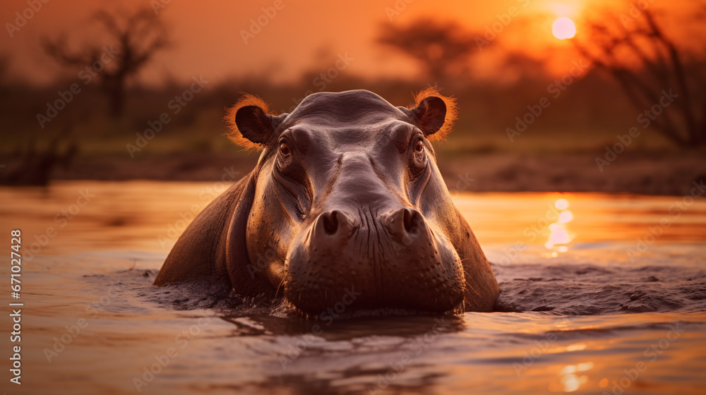 Fototapeta premium Hippo at Beautiful Orange Sunset, Reflecting the Wild Nature of the Jungle, Ideal for Nature-themed Designs and Artistic Displays