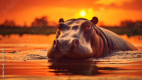 Hippo at Beautiful Orange Sunset, Reflecting the Wild Nature of the Jungle, Ideal for Nature-themed Designs and Artistic Displays