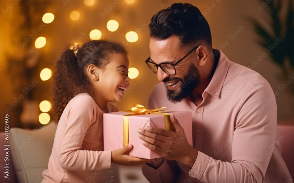 Cute joyful daughter closing father's eyes with hand giving gift box. Making surprise congratulations, bearded stylish dad, casual outfit, indoor - obrazy, fototapety, plakaty 