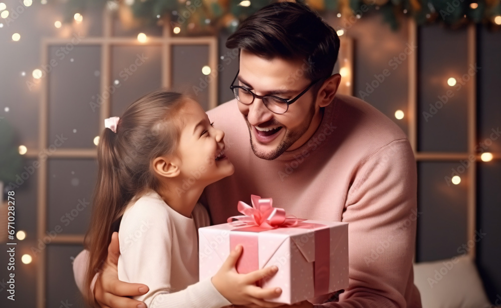 Cute joyful daughter closing father's eyes with hand giving gift box. Making surprise congratulations, bearded stylish dad, casual outfit, indoor - obrazy, fototapety, plakaty 