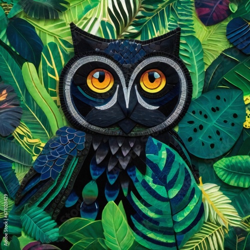 Illustration showing an adult black owl with greenish wings sitting against a background of green vegetation in a forest. Illustration. Digital painting. Generative AI. photo