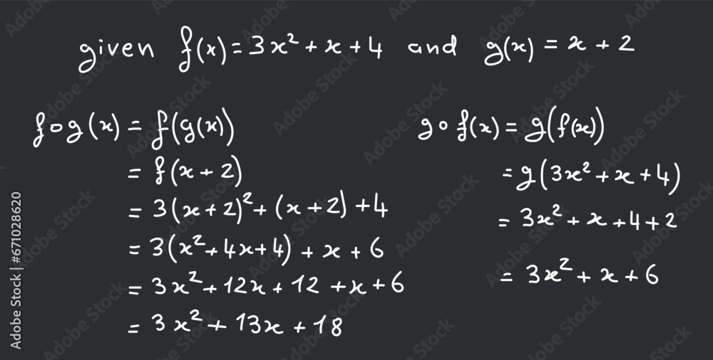 Example of composition of two functions in mathematics. Scientific resources for teachers and students. Math doodle handwriting concept. Example of composition of two functions in mathematics. Scientific resources for teachers and students. Math doodle handwriting concept.