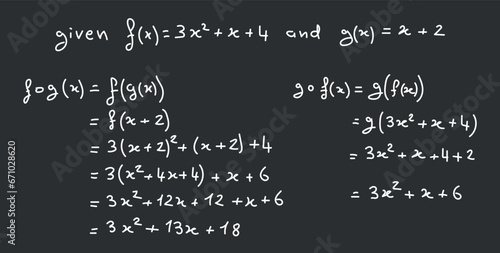 Example of composition of two functions in mathematics. Scientific resources for teachers and students. Math doodle handwriting concept.