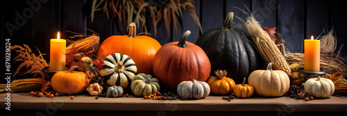 Banner Thanksgiving Greetings. Pumpkins and dry leaves on a dark wooden background.