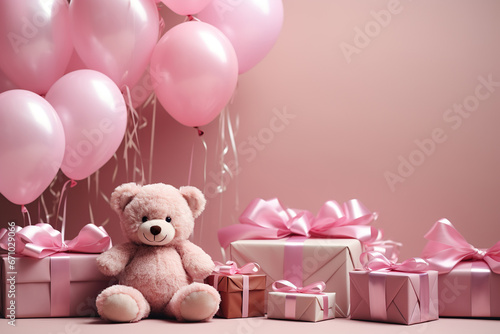 Happy birthday design with Pink Bear, gift box , balloon, Cute Blue Bear on Pink background