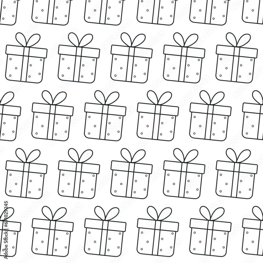 Doodle pattern of gift. Christmas seamless pattern of gift box. Hand drawing vector pattern of box Doodle pattern of gift. Christmas seamless pattern of gift box. Hand drawing vector pattern of box