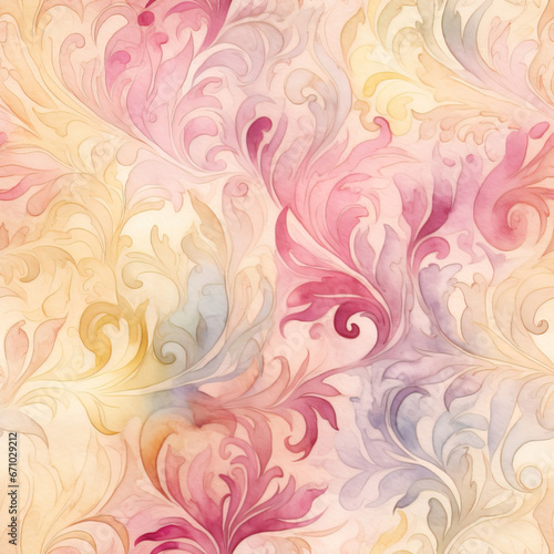 Watercolor seamless background, brocade swirls, muted colors, pinks and golds