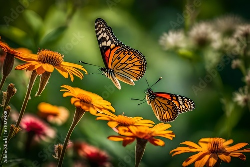 Photograph a garden alive with butterflies flitting among the flowers, aiming to portray their delicate beauty in a way that echoes the softness of watercolor art © Shahryar