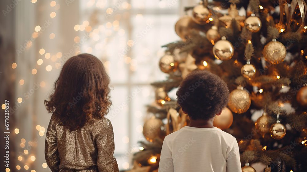Kids looking at Christmas tree at home. African American boy and girl turn backs to camera. Happy children in December holidays. Beautiful fir tree decorated with golden balls. Silver and gold colors 