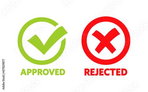 Approved and rejected label sticker. Green check mark yes and red cross no icon. Vector stock illustration photo