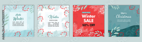Winter Holidays square templates. Winter sale social media post frame with Christmas tree shape, snowflakes, and red berries