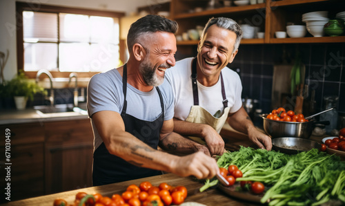 Joyful Moments: Gay Couple Cooking and Conversing in Kitchen photo