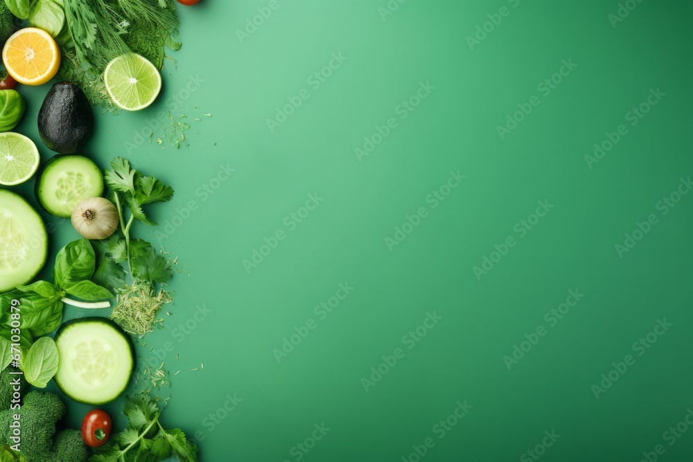 Banner with lemons, orange, herbs and green vegetables on the green background, copy space, food art